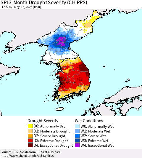Korea SPI 3-Month Drought Severity (CHIRPS) Thematic Map For 2/16/2023 - 5/15/2023