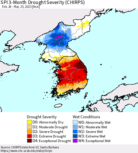 Korea SPI 3-Month Drought Severity (CHIRPS) Thematic Map For 2/26/2023 - 5/25/2023