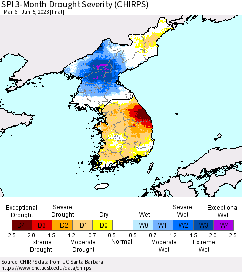 Korea SPI 3-Month Drought Severity (CHIRPS) Thematic Map For 3/6/2023 - 6/5/2023