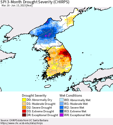 Korea SPI 3-Month Drought Severity (CHIRPS) Thematic Map For 3/16/2023 - 6/15/2023