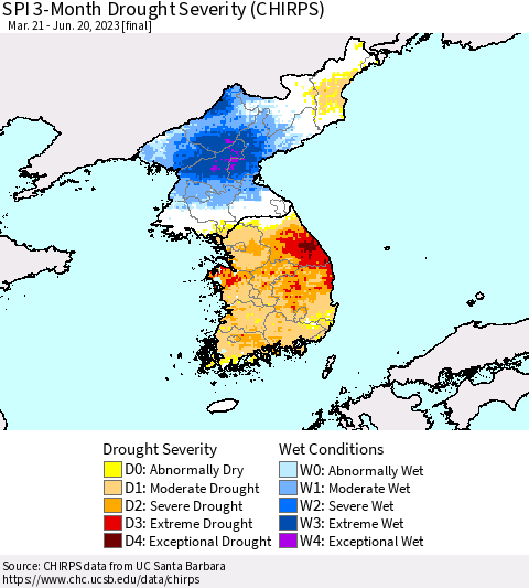 Korea SPI 3-Month Drought Severity (CHIRPS) Thematic Map For 3/21/2023 - 6/20/2023