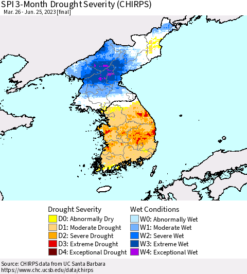 Korea SPI 3-Month Drought Severity (CHIRPS) Thematic Map For 3/26/2023 - 6/25/2023