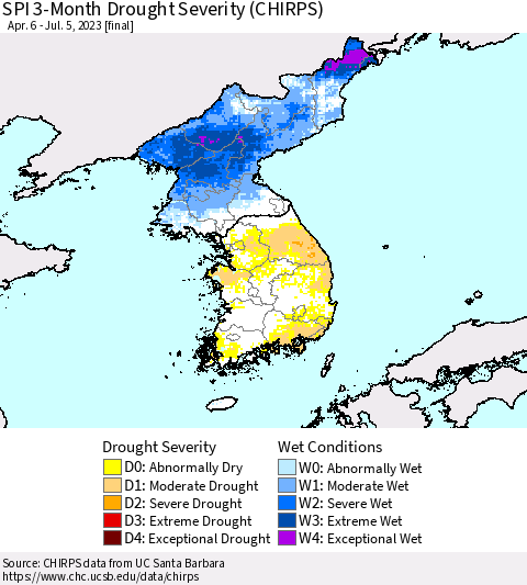 Korea SPI 3-Month Drought Severity (CHIRPS) Thematic Map For 4/6/2023 - 7/5/2023