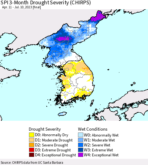Korea SPI 3-Month Drought Severity (CHIRPS) Thematic Map For 4/11/2023 - 7/10/2023
