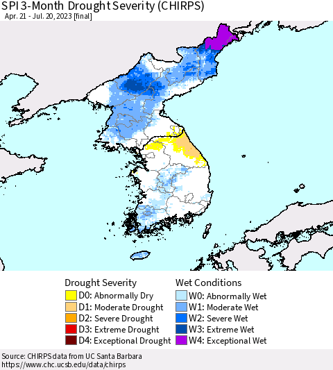 Korea SPI 3-Month Drought Severity (CHIRPS) Thematic Map For 4/21/2023 - 7/20/2023
