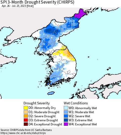 Korea SPI 3-Month Drought Severity (CHIRPS) Thematic Map For 4/26/2023 - 7/25/2023