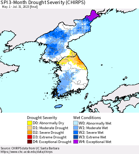 Korea SPI 3-Month Drought Severity (CHIRPS) Thematic Map For 5/1/2023 - 7/31/2023