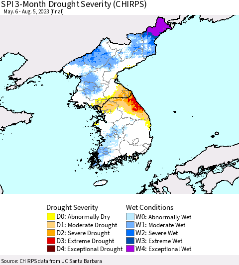 Korea SPI 3-Month Drought Severity (CHIRPS) Thematic Map For 5/6/2023 - 8/5/2023
