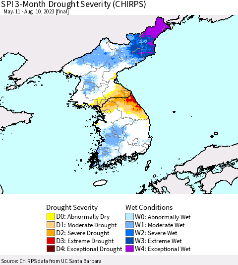 Korea SPI 3-Month Drought Severity (CHIRPS) Thematic Map For 5/11/2023 - 8/10/2023