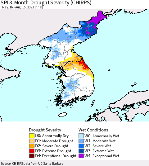 Korea SPI 3-Month Drought Severity (CHIRPS) Thematic Map For 5/16/2023 - 8/15/2023