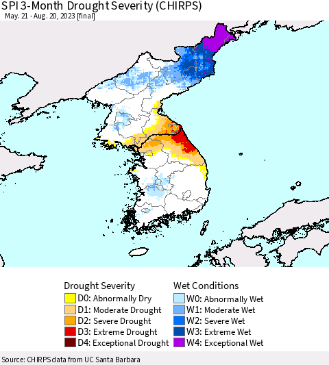 Korea SPI 3-Month Drought Severity (CHIRPS) Thematic Map For 5/21/2023 - 8/20/2023