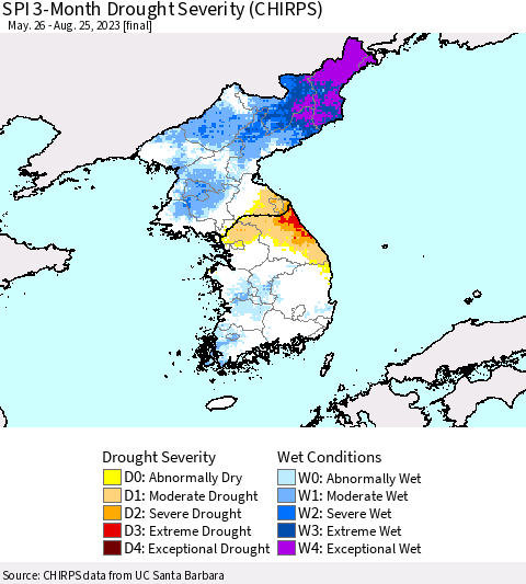 Korea SPI 3-Month Drought Severity (CHIRPS) Thematic Map For 5/26/2023 - 8/25/2023