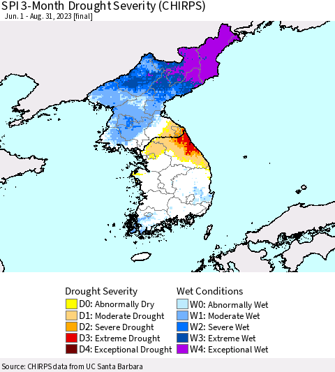 Korea SPI 3-Month Drought Severity (CHIRPS) Thematic Map For 6/1/2023 - 8/31/2023