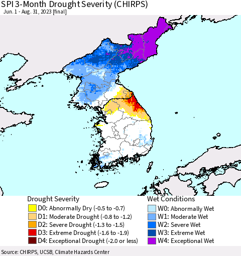 Korea SPI 3-Month Drought Severity (CHIRPS) Thematic Map For 6/1/2023 - 8/31/2023