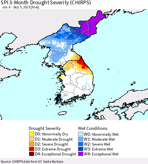 Korea SPI 3-Month Drought Severity (CHIRPS) Thematic Map For 6/6/2023 - 9/5/2023