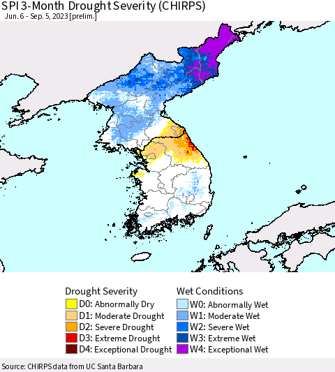 Korea SPI 3-Month Drought Severity (CHIRPS) Thematic Map For 6/6/2023 - 9/5/2023