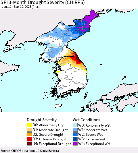 Korea SPI 3-Month Drought Severity (CHIRPS) Thematic Map For 6/11/2023 - 9/10/2023