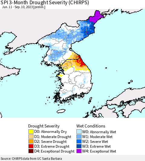Korea SPI 3-Month Drought Severity (CHIRPS) Thematic Map For 6/11/2023 - 9/10/2023