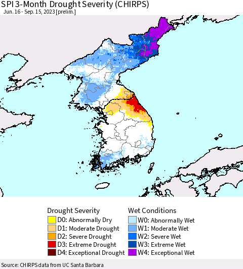 Korea SPI 3-Month Drought Severity (CHIRPS) Thematic Map For 6/16/2023 - 9/15/2023