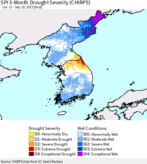 Korea SPI 3-Month Drought Severity (CHIRPS) Thematic Map For 6/21/2023 - 9/20/2023