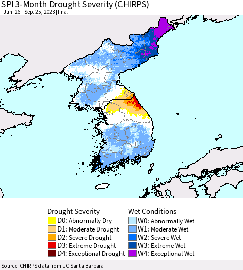 Korea SPI 3-Month Drought Severity (CHIRPS) Thematic Map For 6/26/2023 - 9/25/2023