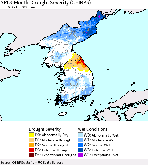 Korea SPI 3-Month Drought Severity (CHIRPS) Thematic Map For 7/6/2023 - 10/5/2023