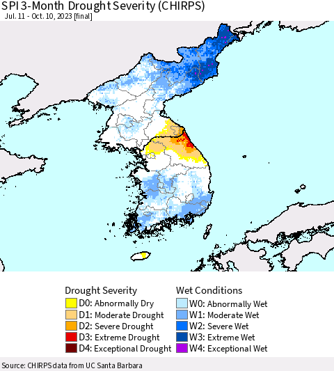 Korea SPI 3-Month Drought Severity (CHIRPS) Thematic Map For 7/11/2023 - 10/10/2023