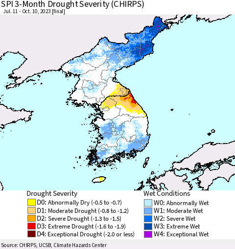 Korea SPI 3-Month Drought Severity (CHIRPS) Thematic Map For 7/11/2023 - 10/10/2023