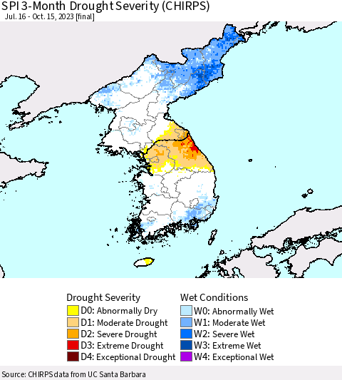 Korea SPI 3-Month Drought Severity (CHIRPS) Thematic Map For 7/16/2023 - 10/15/2023