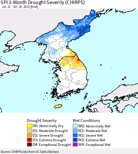 Korea SPI 3-Month Drought Severity (CHIRPS) Thematic Map For 7/21/2023 - 10/20/2023