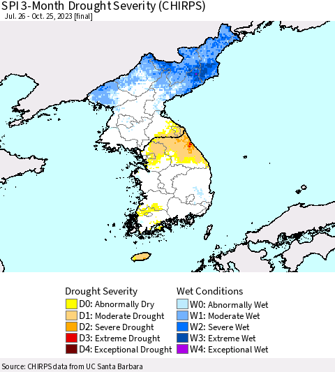 Korea SPI 3-Month Drought Severity (CHIRPS) Thematic Map For 7/26/2023 - 10/25/2023