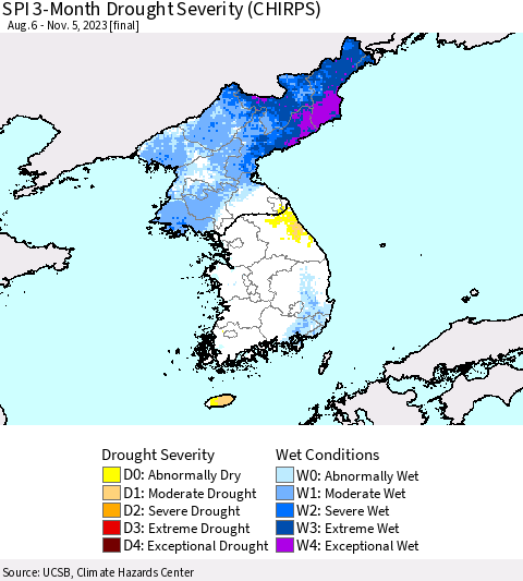 Korea SPI 3-Month Drought Severity (CHIRPS) Thematic Map For 8/6/2023 - 11/5/2023