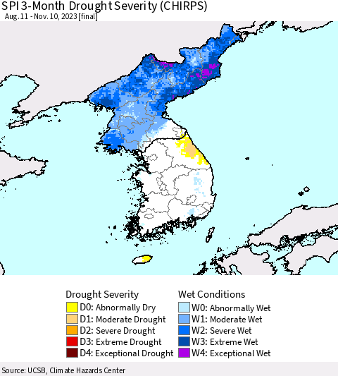 Korea SPI 3-Month Drought Severity (CHIRPS) Thematic Map For 8/11/2023 - 11/10/2023