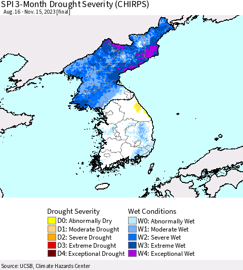 Korea SPI 3-Month Drought Severity (CHIRPS) Thematic Map For 8/16/2023 - 11/15/2023