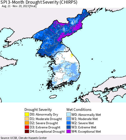 Korea SPI 3-Month Drought Severity (CHIRPS) Thematic Map For 8/21/2023 - 11/20/2023
