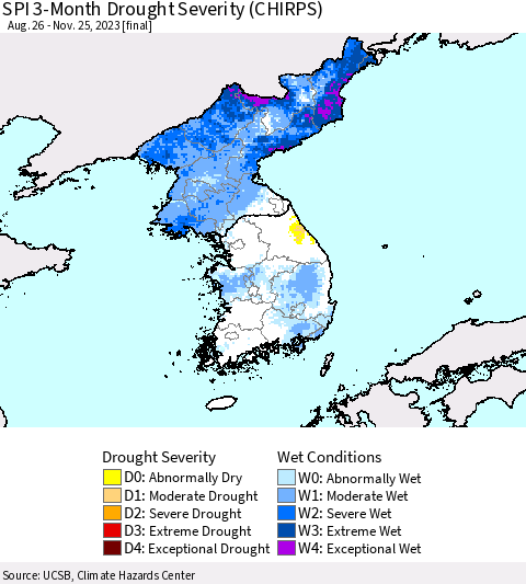 Korea SPI 3-Month Drought Severity (CHIRPS) Thematic Map For 8/26/2023 - 11/25/2023