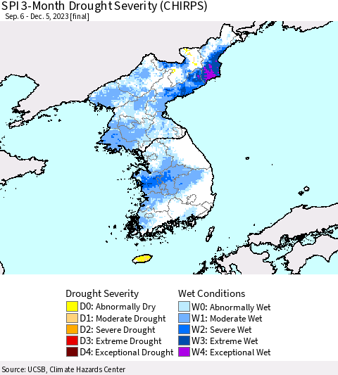 Korea SPI 3-Month Drought Severity (CHIRPS) Thematic Map For 9/6/2023 - 12/5/2023
