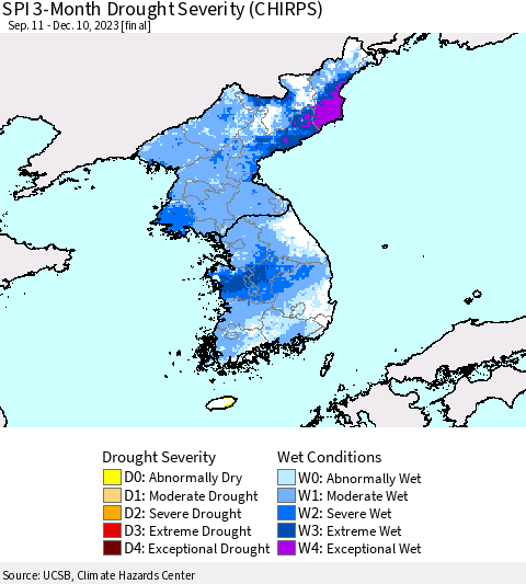 Korea SPI 3-Month Drought Severity (CHIRPS) Thematic Map For 9/11/2023 - 12/10/2023