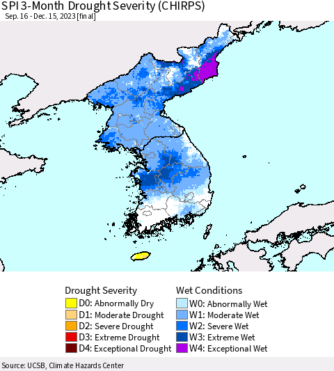 Korea SPI 3-Month Drought Severity (CHIRPS) Thematic Map For 9/16/2023 - 12/15/2023