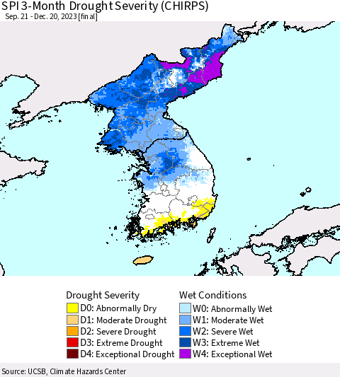 Korea SPI 3-Month Drought Severity (CHIRPS) Thematic Map For 9/21/2023 - 12/20/2023