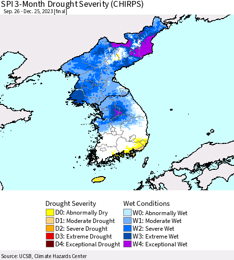 Korea SPI 3-Month Drought Severity (CHIRPS) Thematic Map For 9/26/2023 - 12/25/2023