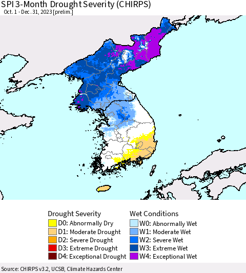 Korea SPI 3-Month Drought Severity (CHIRPS) Thematic Map For 10/1/2023 - 12/31/2023