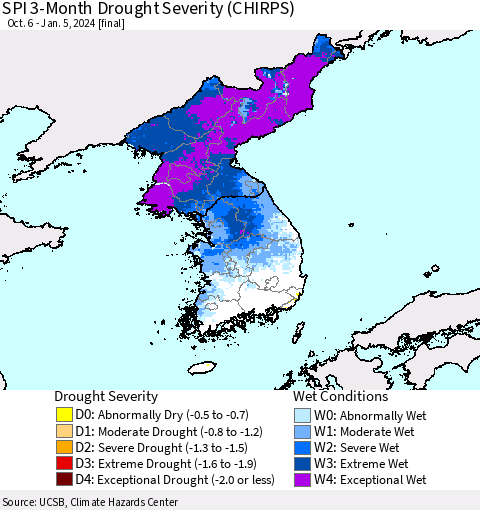 Korea SPI 3-Month Drought Severity (CHIRPS) Thematic Map For 10/6/2023 - 1/5/2024