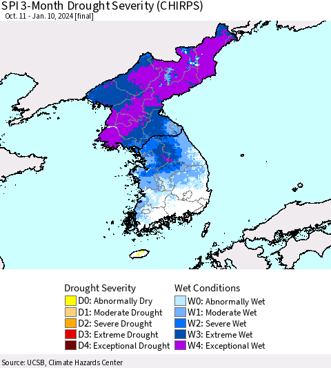 Korea SPI 3-Month Drought Severity (CHIRPS) Thematic Map For 10/11/2023 - 1/10/2024