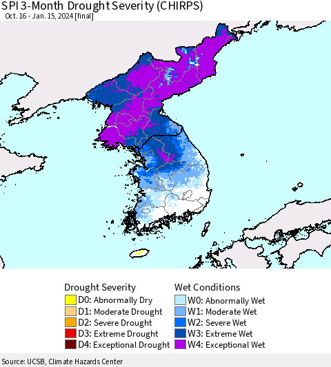 Korea SPI 3-Month Drought Severity (CHIRPS) Thematic Map For 10/16/2023 - 1/15/2024