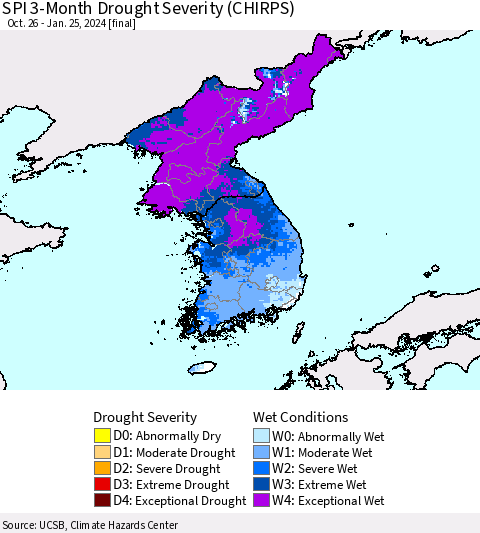Korea SPI 3-Month Drought Severity (CHIRPS) Thematic Map For 10/26/2023 - 1/25/2024