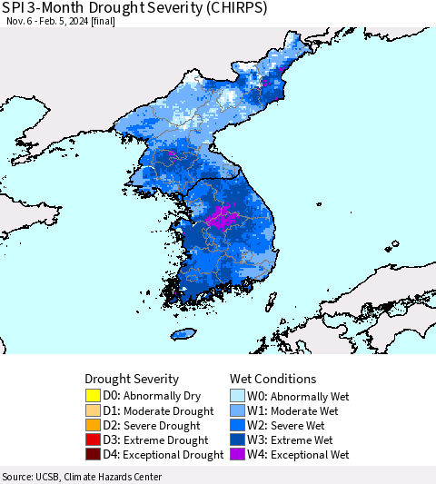 Korea SPI 3-Month Drought Severity (CHIRPS) Thematic Map For 11/6/2023 - 2/5/2024