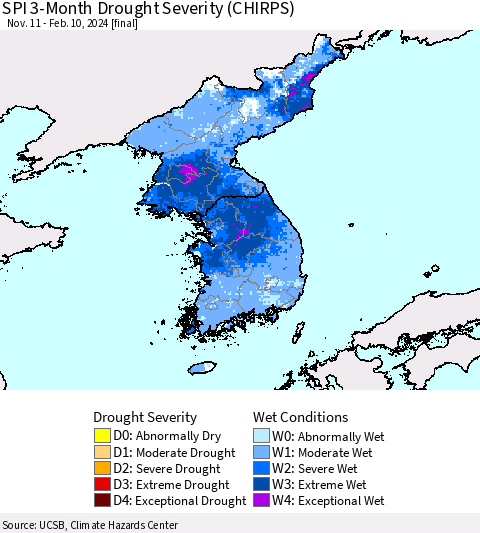 Korea SPI 3-Month Drought Severity (CHIRPS) Thematic Map For 11/11/2023 - 2/10/2024