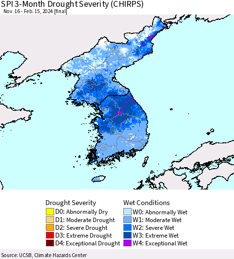 Korea SPI 3-Month Drought Severity (CHIRPS) Thematic Map For 11/16/2023 - 2/15/2024