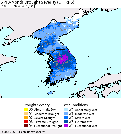 Korea SPI 3-Month Drought Severity (CHIRPS) Thematic Map For 11/21/2023 - 2/20/2024